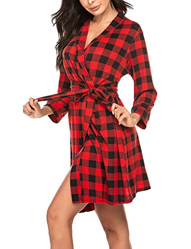 Hotouch Womens Cotton Robe Soft Kimono Spa Knit Bathrobe Lightweight Short Red Plaid L #TOP3