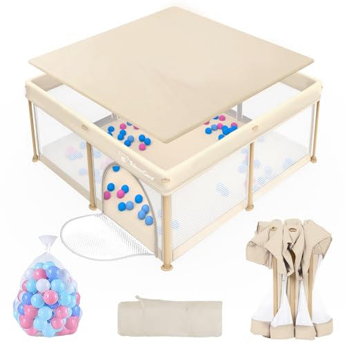 Image of Foldable Baby Playpen for Babies and Toddlers, 50x50 Inch Portable Play Yard, Collapsible Play Pen with Mat, Visible Mesh, 50 Ocean Balls, Indoor /Outdoor Baby Fence Activity Center for Home