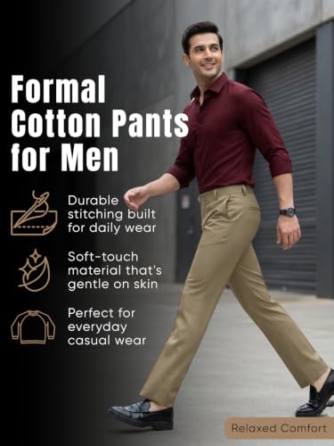 Image of GRECIILOOKS Men's Formal Cotton Blend Trousers, Slim Fit Office Wear Pants with Button Closure, Wrinkle Resistant Smart Casual Workwear Bottoms