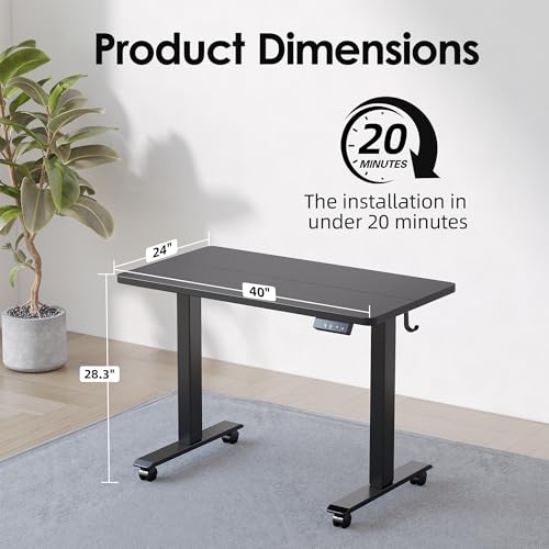 TIQLAB Height Adjustable Electric Standing Desk, 40 x 24 inch, Sit Stand Up Desk, Splice Board, Computer Home Office Desk, Black Top