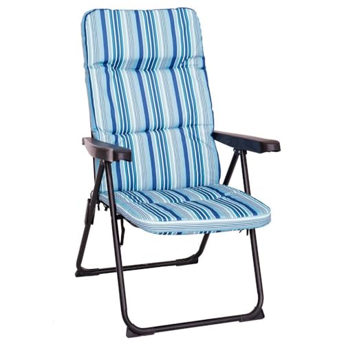 LOLAhome Sillón de Jardín Acolchado y Reclinable en 4 Posiciones Azul. Estructura de Tubo de Acero anticorrosión y Lona a Rayas. Colchón de 5 cm de Grosor, Plegable. 61x58x106 cm.