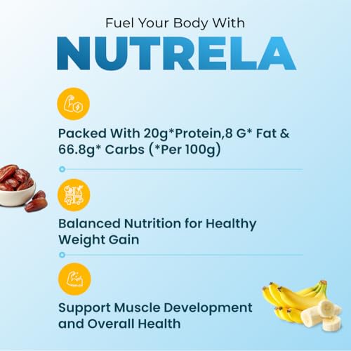 Image of Nutrela Weight Gainer | 500g Banana Flavour (Pack of 3) | High-Calorie Mass Gainer with Vitamins & Khandsari Sugar | Ideal for Men & Women