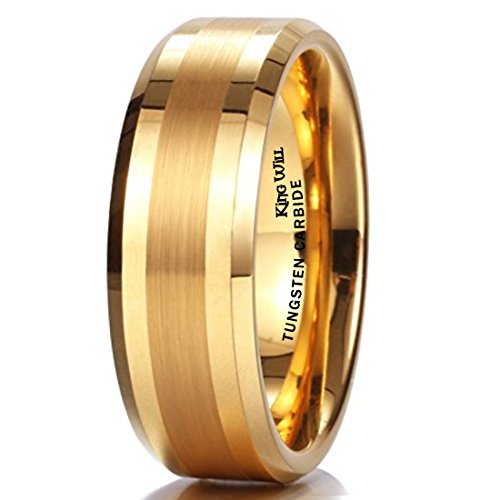 King Will GOLD 8mm Gold Tungsten Carbide Ring Brushed Center Mens Wedding Band Comfort Fit