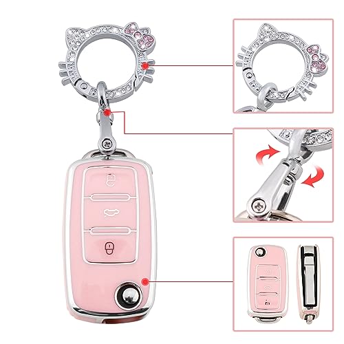 Image of Pangpai Pink Key Fob Cover for VW Volkswagen,Soft TPU Key Case Protection with Bling Keychain Fit for Jetta Golf Polo MK6 Passat Tiguan Beetle