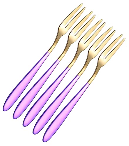Image of Mini Cocktail Forks Appetizer Forks 18 /10 Stainless Steel Fruit Forks Dessert Forks Tasting Forks Appetizer Small Forks Set Appetizer Cake Fruit Forks Set (Purple,Set of 5)