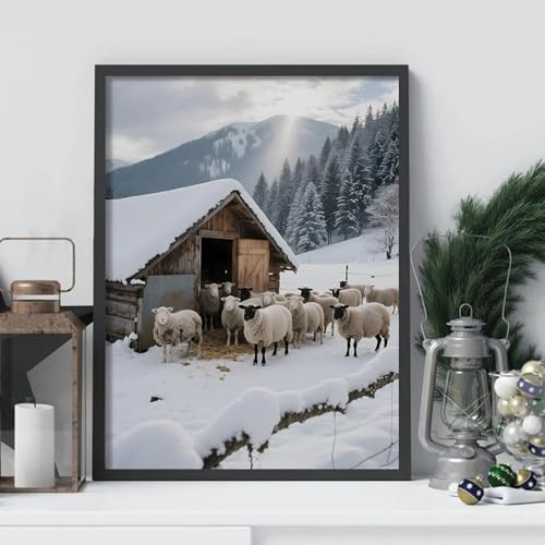 Peinture moutons de la ferme en hiver sur toile premium avec cadre bois