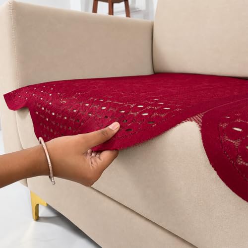 Image of Homerz Premium 'Surya Series' Sofa Cover | Stylish Sofa Protector | Net Fabric | Anti-Stain & Washable Slip Cover Exact Size Antislip (Flower Valley Maroon, 3 Seater, Only Seat Cover)