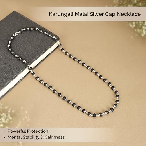 Image of Divine Hindu Karungali Mala with Silver Coated Cap Necklace 54 Bead Ebony Wood for Spiritual Healing, Protection & Meditation | Handcrafted Authentic Jewelry for Men & Women | Certified Lab Tested