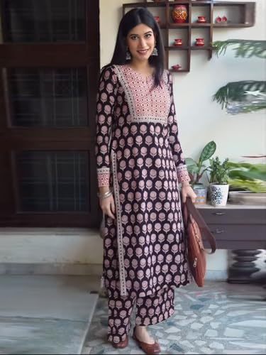 Image of ANNI Designer Women's Viscose Blend Straight Printed Kurta with Palazzo | Ethnic Indian Kurta Set | 3 /4 Sleeve Round Neck Traditional Dress | Festive Office Casual Outfit for Women