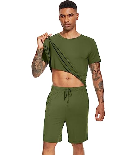 WiWi Mens Pajamas Set Soft Short Sleeve Pj Sleepwear Top and Shorts Pajama Sets Loungewear-Viscose from Bamboo S-3X3