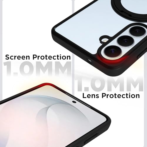 Image of RIGGEAR Shockproof Sleek Hybrid Armor 360 Rotating Magnetic Ring Stand Back Cover Case Compatible with MagSafe Accessories for Samsung Galaxy S26 (Clear PC + Black TPU Bumper)