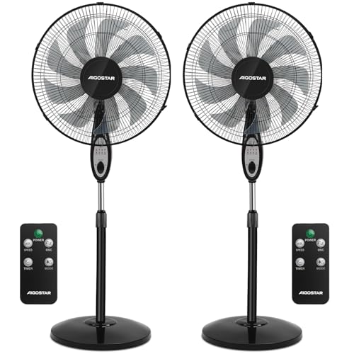 Aigostar Ventilador de Pie Silencioso, 9 Aspas, Mando a Distancia, 3 Velocidades, 3 Modos, Temporizador 7.5 Horas, Oscilante 80°, Ventilador de Altura Ajustable, Base Antideslizante, 35 m2, 2 Unidades