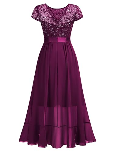 Image of Miusol Women's Scoop Neck Sequined Floral Lace Ruffle Wedding Party Dress | Sequin lace, scoop neck, cap sleeve, ruffle design dress for cocktail party, wedding and formal