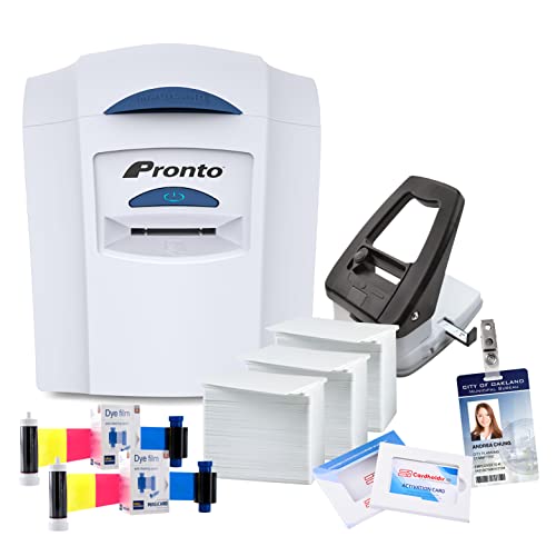 Cardholdir ID Magicard Pronto ID Card Printer | with Beginner Software, 300 Blank ID Cards, Slot Punch, 300 Strap Clips, & 1 300-Print Color Ribbon | Single Sided ID Card Printer