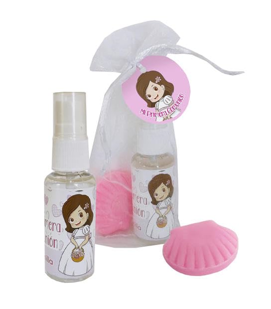 JABON Y BOTE COLONIA VAINILLA 20ML Y BOLSA CON TARJETA COMUNION NIÑA CONFIRMACION LOTE 25 unidades Recuerdos. Regalos Originales. Papelería.Detalles de invitados, mi primera Comuniones, Cumpleaños.