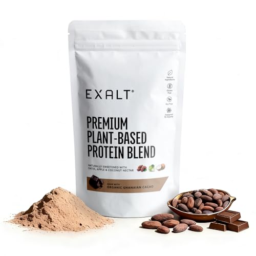 EXALT Nutrition - Vegan Protein Powder - Ghanaian Cacao - 100% Natural - Plant Based Pea & Brown Rice Protein - Dual Release Blend - Naturally Sweetened - Free from Soy, Gluten & Dairy - 500g