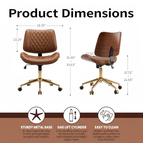 FervorFurn Armless Office Chair with Back, Mid Century Modern Walnut Style Desk Chair, No Arms Leather Computer Chair for Home Office, Vanity Chair, Seat-Rocking, Adjustable Height (Light Brown) - image 2