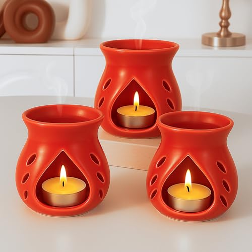 Image of Floryn Decor Ceramic Diffuser with Free 3 Tealight Candles | Home Fragrance, Spa, Office & Yoga | Aromatherapy Gift Set of 3 (Red)