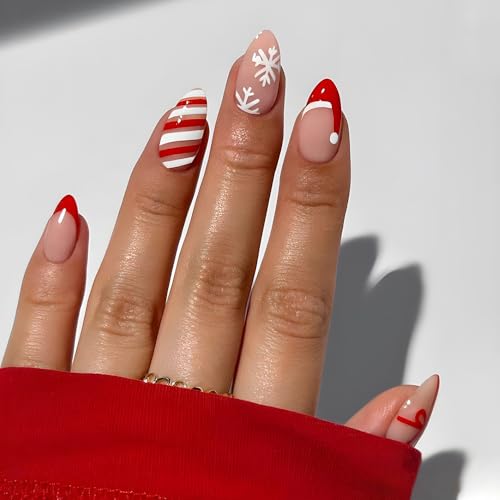 Christmas Press On Nails Medium Almond Fake Nails with Designs Snowflakes Xmas Hat Bow False Nails Glossy Full Cover Nail Tips Holiday Acrylic Glue Stick On Nails For Women Girls DIY Manicure