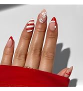 Christmas Press on Nails Short Almond Fake Nails Red French Tip False Nails with Designs Cute Chr...