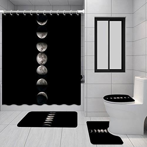 Fushvre Moon Bathroom Sets With Shower Curtain And Rugs 4 Pcs Moon Phase Celestial Planet Night Scene Bath Curtain Set Black Fabric Bathroom Decor Hooks Included #TOP28