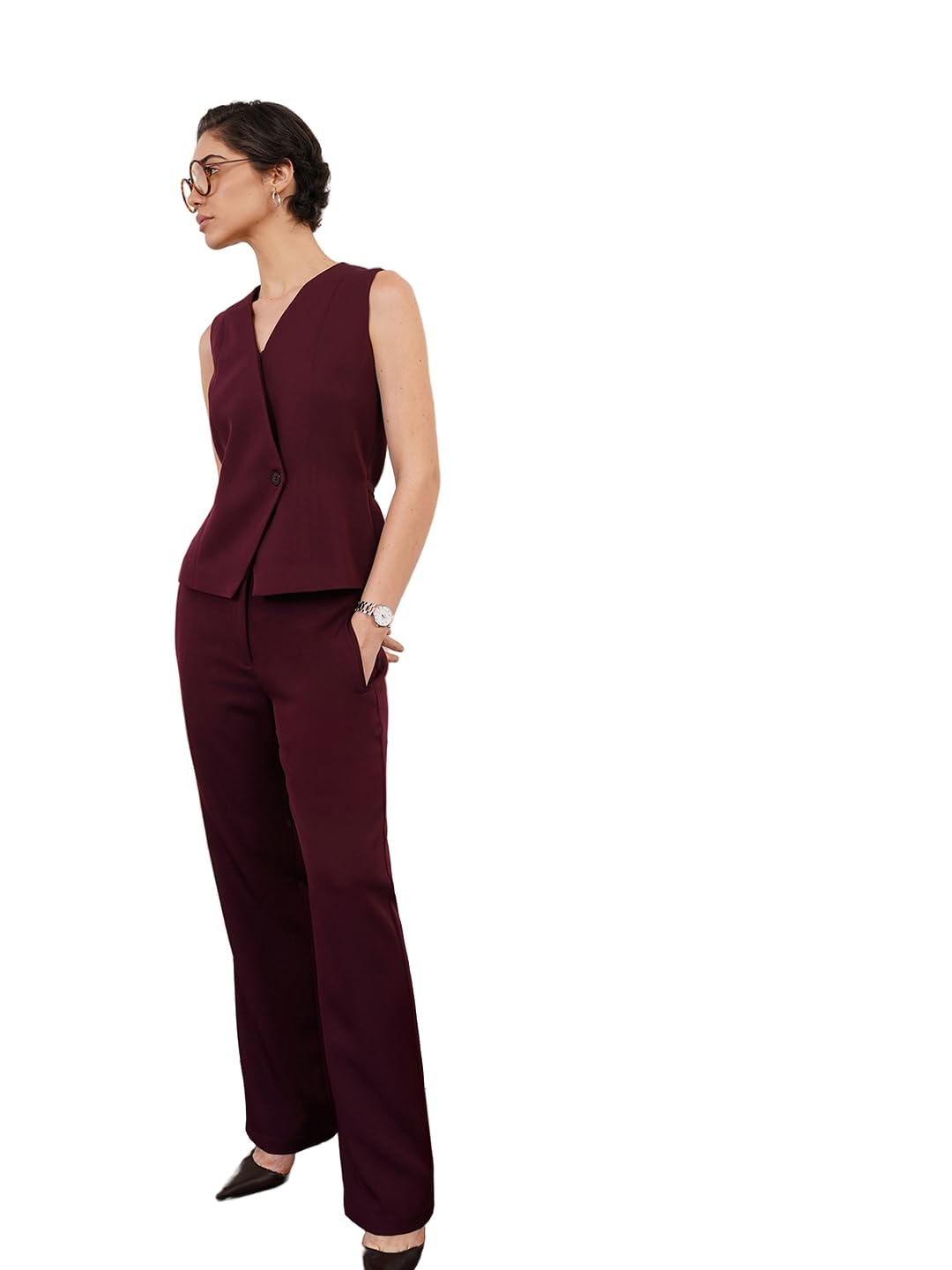 Women Formal | V-Neck Sleeveless Waistcoat & High Rise Straight Trousers | Smooth Solid Maroon Design for Business Casual & Office Wear-image-43