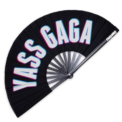 Pinkswag "YASS GAGA" - Ventilador de mano de bambú negro con letras de neón para conciertos, eventos de orgullo y espectáculos de arrastre