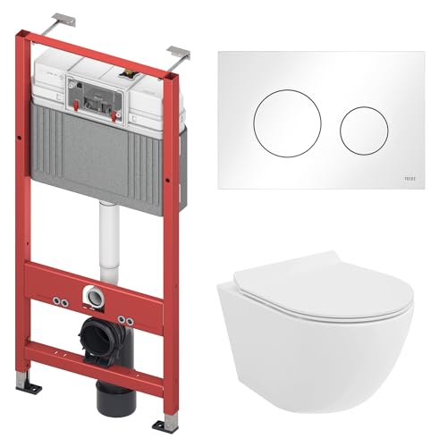 BADLAND WC-Vorwandelement Set TECEbase mit Wand-WC Rolo Weiß, Schallschutzmatte & Betätigungsplatte Weiß – Komplettset für Trockenbau & Vorwandinstallation