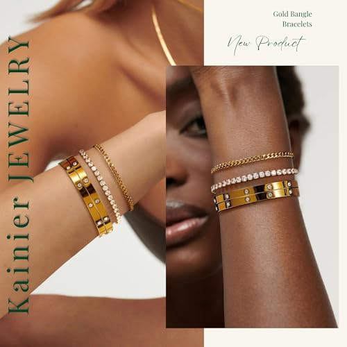 Kainier Gold Bracelets Sets for Women 4pcs Love Bangle Bracelet Cubic Zirconia Tennis Cuban Chain Stacking Gift for Love Gold/Silver3