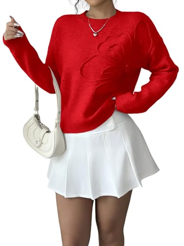 Image of Verdusa Women's Spring 3D Flower Appliques Crewneck Sweaters Long Sleeve Drop Shoulder Pullovers Knit Going Out Tops