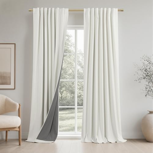 KOUFALL Ivory Back Tab Linen Blackout Curtains 92 Inches Long