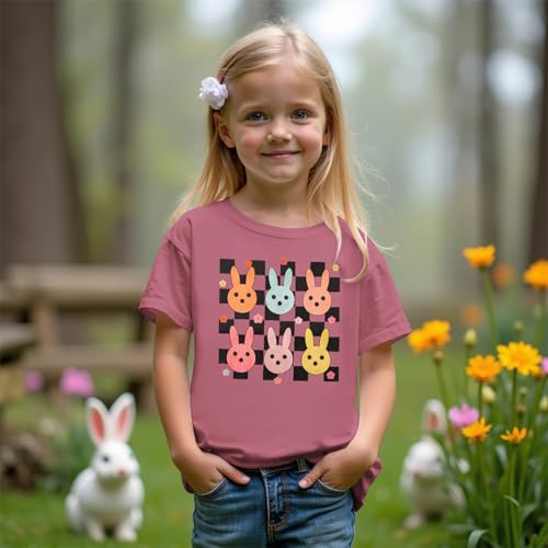 Image of SOFEON Kids Girls Easter Shirt Cute Bunny Graphic T-Shirt Funny Rabbit Flower Short Sleeve Tees Happy Easter Gift Tops