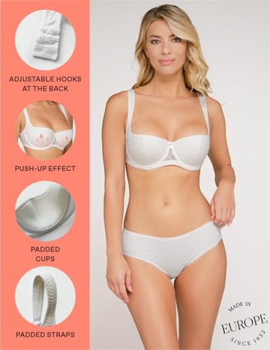 Image of Rosme Women's Balconette Bra with Push Up Effect Plus Size Sexy Lace Demi Half Cup Bra Underwired Low Cut Mesh Bras Grand
