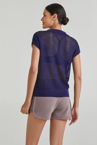 Image of Arach&Cloz 2025 Women's Crochet Cap Sleeve Knit Tops Spring Summer Shirts Lightweight Collared Hollow Out Casual Blouses