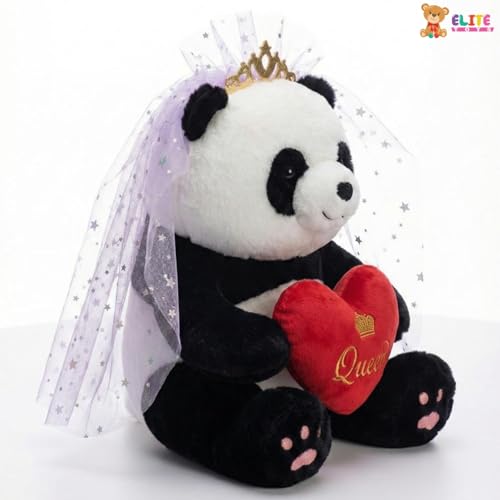 Image of ELITE CREATIONS Queen Panda Soft Toy with Crown & Veil Holding Queen Heart Cushion | 40 cm Cute Panda Teddy Bear | Romantic Gift for Girlfriend Wife Kids | Valentine Birthday