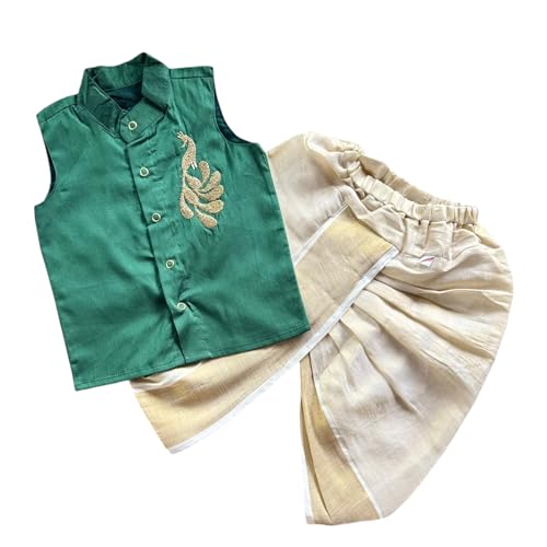 Image of Picksparrow Baby Boy Cotton Silk-Tissue Kasavu Cotton Shirt with Dhoti pant (Peacock-Sleeveless)