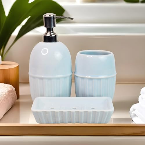 Image of Ceramic Bathroom Accessories Set for Utility and Bathroom Decor | Liquid Soap Dispenser, soap Tray, Toothbrush Holder (Exclusive Bathroom Set) (Sky Blue)