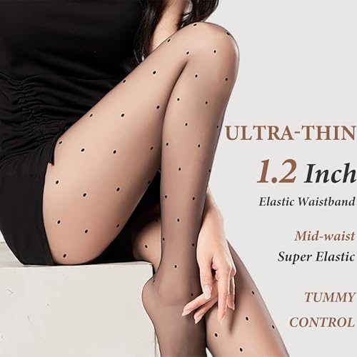 Image of Polka Dot Patterned Black Tights for Women,Women's 15D Sheer Pantyhose,High Waist Ultra Stretchable Footed Tights,Plus Size Stockings