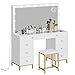DWVO White Vanity Desk with Large Mirror, Charging Station and LED Lights - Makeup Table Set with 14 Bulbs, Magnifying Glass Drawers and 3 Light Modes, Upgraded