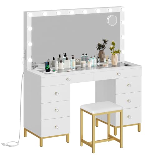 Image of DWVO White Vanity Desk with Mirror: Makeup Table Set with 14 LED Lights & Charging Station Magnifying Mirror, 3 Light Modes, 8 Drawers and Storage Stool