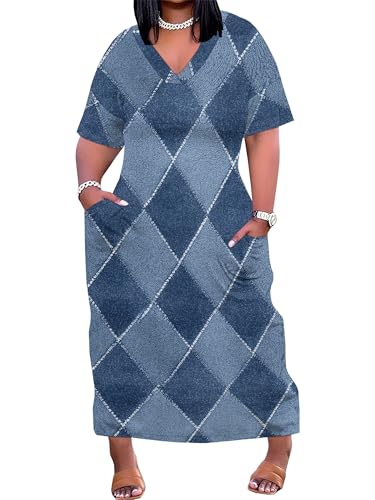Image of SUZONANA Plus Size Denim Print Maxi Dresses for Women Casual V Neck Short Sleeve with Pockets Soft Jean Look Dress XL-6XL