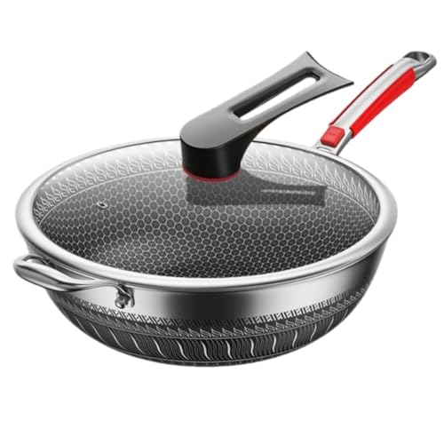 JoFist ステンレスフライパン 深型 厚型フライパン 油煙が出ない 中華鍋 ガラス蓋 多用途 ハンドル付きスティックパン すべてのストーブ 調理器具 家庭用キッチン用品に適しています (蓋付き,36CM)