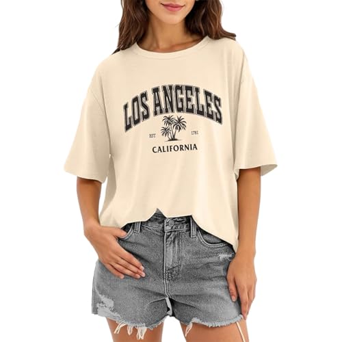 Camiseta de manga corta para mujer de cuello redondo Los Ángeles California Palmeras Gráfico Estampado Verano Top Casual Algodón Cómodo Suave Mujer Camiseta Básica Camiseta de ocio Vacaciones Ciudad