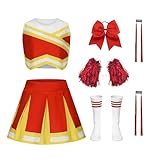 Luckyou Cheerleader Kostüm Kinder, Cheerleadering Outfit für Mädchen, Kostüm Cheerleade mit Glitzernder Perücke, Pompons und Schleife für Karneval, Halloween,Red,140cm