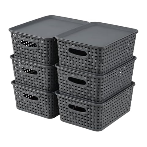 Bringer Plastic Storage Baskets Bins with Lid, Small Storage Organizer Bin, 6 Pack, Gray Cover