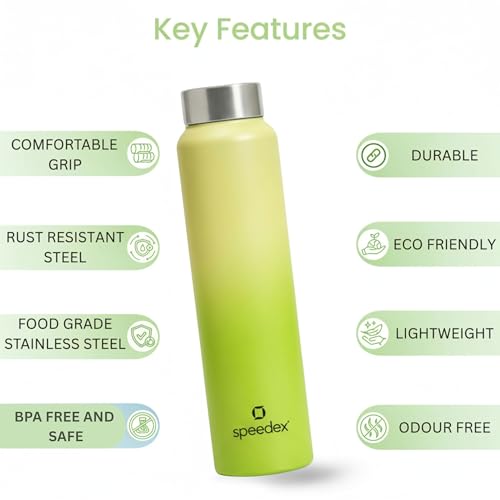 Image of Speedex Stainless Steel Water Bottle 1 Ltr, Leak Proof Screw Cap, BIS Approved 1000 ml Metal Bottle For Daily, Office, School, Gym, Travel Use for Men, Women, Kids, Adults, Lime Green, Set of 2