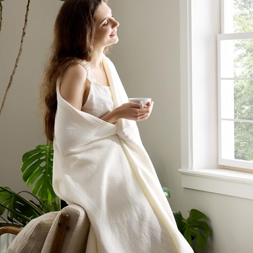 Image of Bedsure 100% Cotton Blanket, Herringbone Weave, Full, Cream
