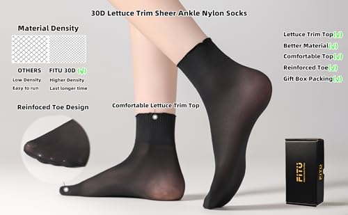 Womens 30D Lettuce Trim Sheer Ankle Nylon Socks, Ankle High Tights Hosiery2