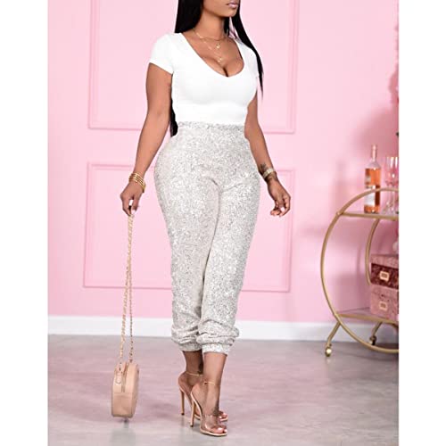 Xzbailisha XZZ4892-SILVER 1-M Women’S Sequins Pants Sexy Glitter Stretch Waistband Loose Casual Club Trousers thumb #3