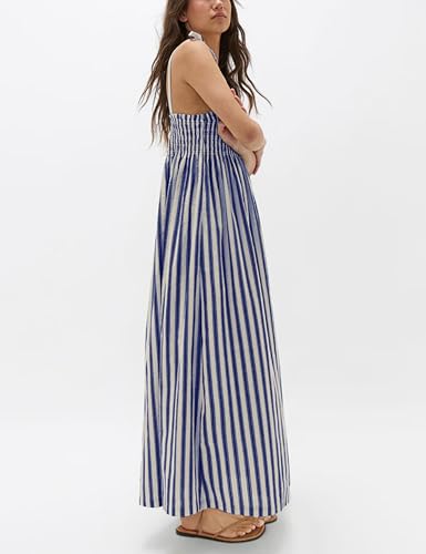 Image of Lentta Women's Striped Smocked Maxi Dress Causal Spaghetti Strap Stretchy Flowy Swing Long Dress with Pockets